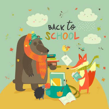 Sevimli orman hayvanlar ile okul illustaration geri