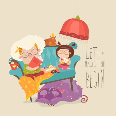 Grandmother reading fairytales to her granddaughter clipart