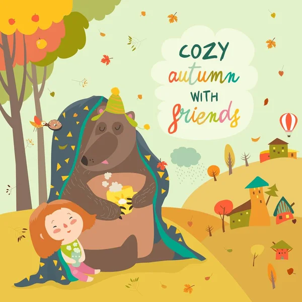 Niña y oso sentado bajo cuadros en el césped de otoño — Vector de stock