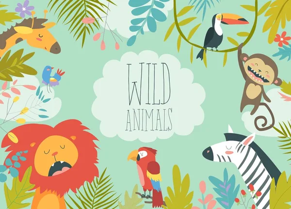 Felices animales de la selva creando un fondo enmarcado — Vector de stock