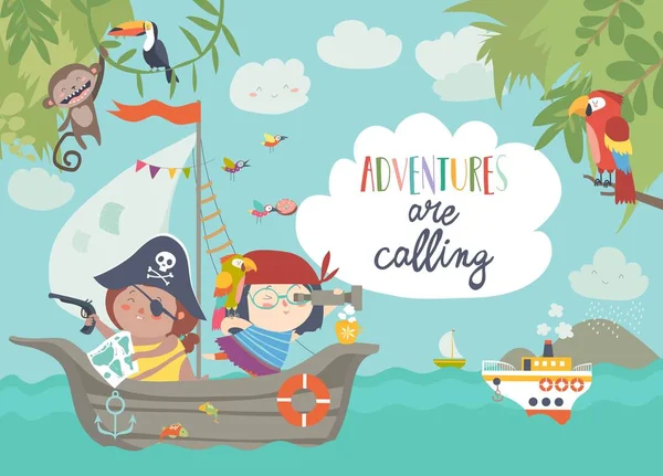 Mignons pirates naviguant dans leur bateau — Image vectorielle