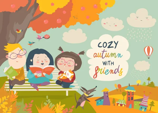 Enfants heureux lisant des livres dans le parc d'automne — Image vectorielle