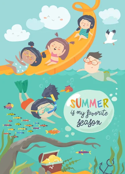 Τα παιδιά, αναπαραγωγή και απόλαυση στο waterpark σε καλοκαιρινές διακοπές — Διανυσματικό Αρχείο