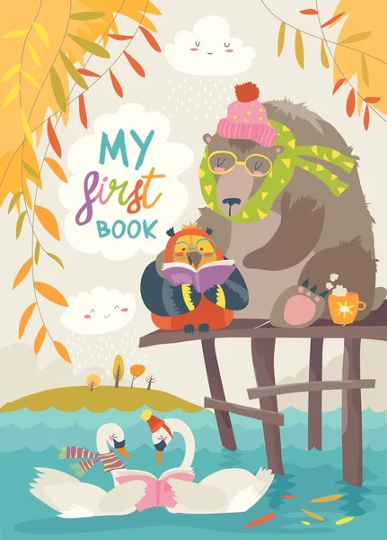 Милый медведь, сова и лебеди читают книги в осеннем лесу — стоковый вектор