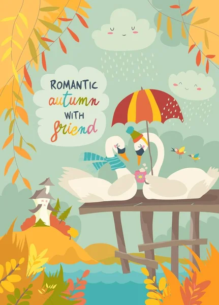 Cisnes românticos bonitos no parque de outono —  Vetores de Stock