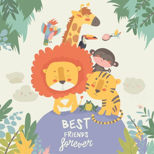 Felices animales de la selva. Mejores amigos — Vector de stock