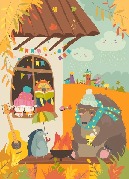 Cute animals sitting around bonfire at backyard — Stock Vector