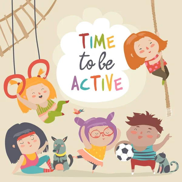 Счастливые дети и спорт. Время быть активным — стоковый вектор