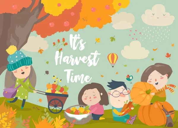 Happy cartoon children harvesting in fall garden - Stok Vektor