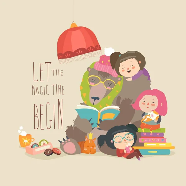 Cute bear reading book for little girls — Stock Vector