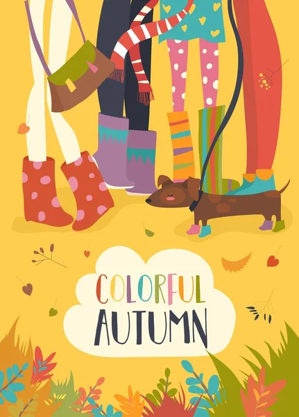 Funny illustration of woman legs in rubbers boots. Falling yellow and orange leaves around — Stock Vector