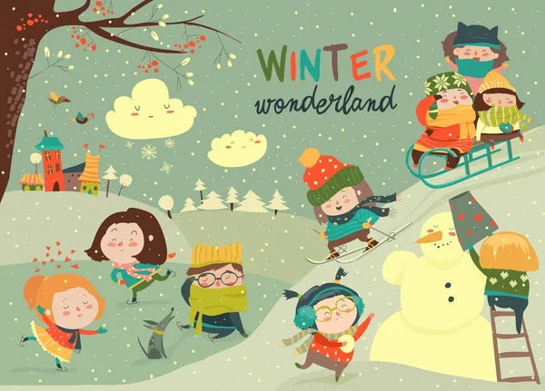 Felice simpatici bambini che giocano giochi invernali. Ciao inverno — Vettoriale Stock