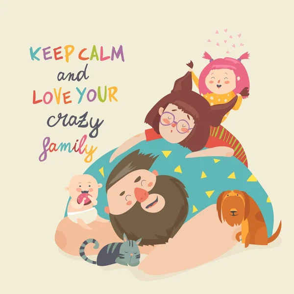 Şirin çılgın aile portresi. Anne, Baba, çocuk, Evcil hayvan