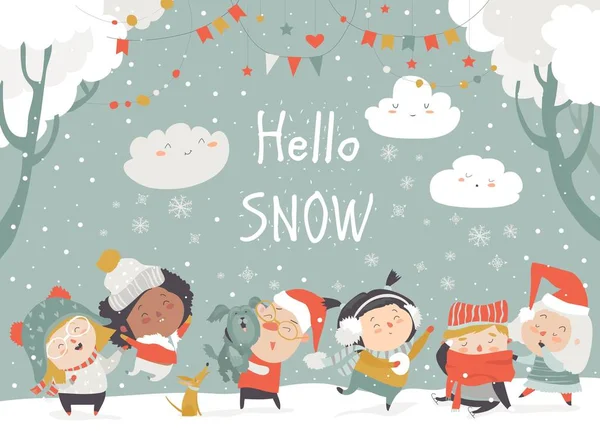 Dibujos animados niños felices disfrutando del invierno. Hola nieve — Archivo Imágenes Vectoriales