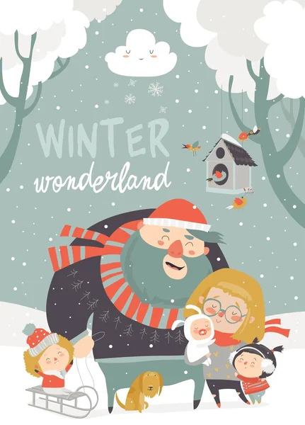 Diversión invernal. Familia feliz en vacaciones de invierno — Archivo Imágenes Vectoriales