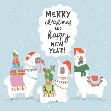 Lama ile Noel kartı. Neşeli Noel kartı
