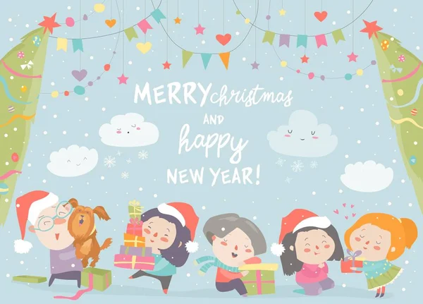 Счастливый мультфильм для детей с рождественскими подарками. Счастливого Рождества! — стоковый вектор