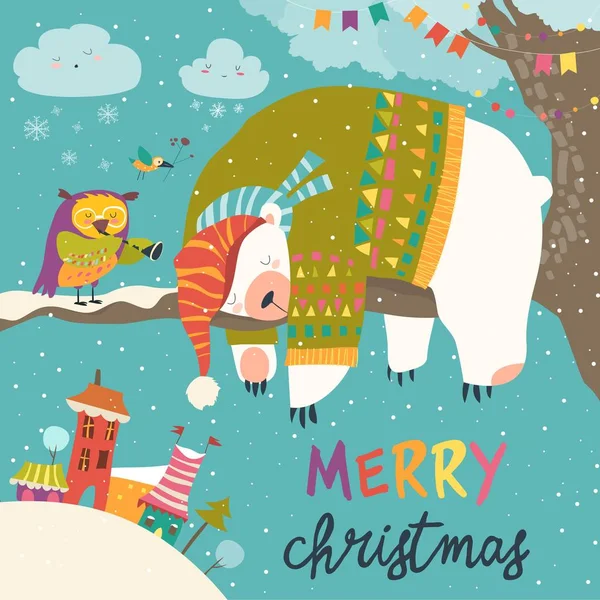 Vektor-Weihnachtskarte mit schlafendem Eisbären und kleiner Eule — Stockvektor