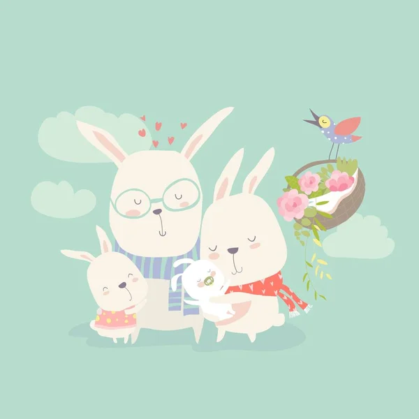 Illustration de heureux lapins dessin animé famille avec nouveau-né — Image vectorielle