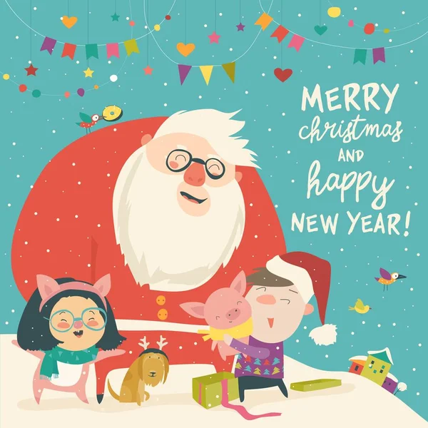 Süße Kinder im Schweinekostüm mit glücklichen Weihnachtsmännern — Stockvektor