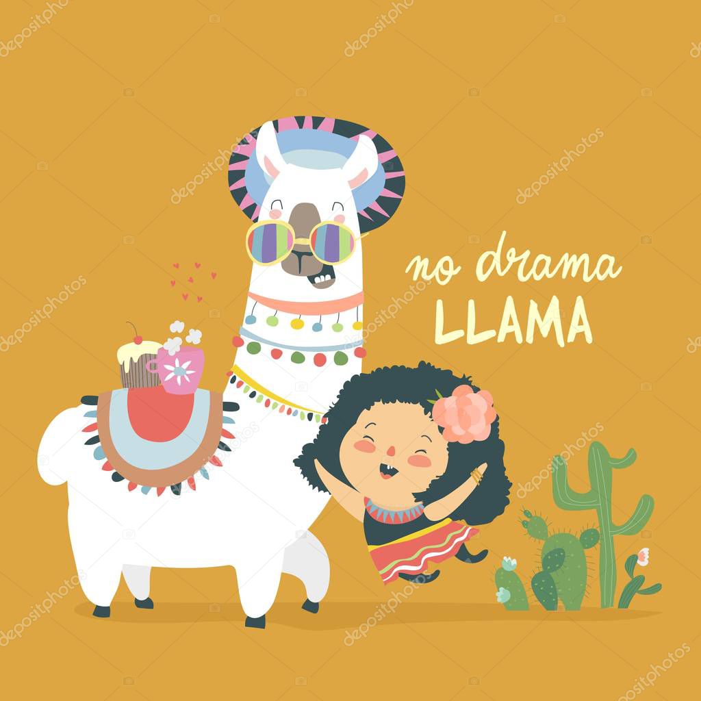 Funny llama alpaka with cute mexican girl