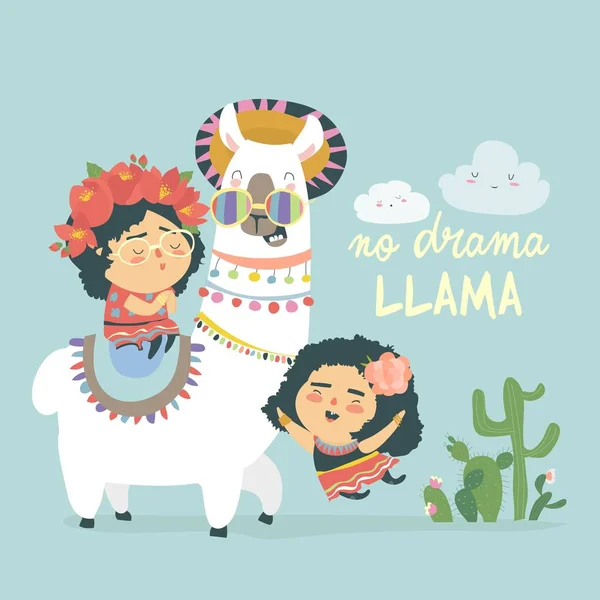 Funny llama alpaka with cute mexican girls — Stock Vector