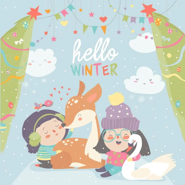 Funny cartoon girls with cute deer in winter forest — Stock Vector