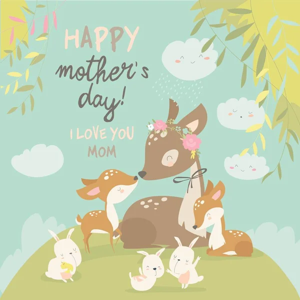 Cartoon Deer Familie. Mutter und Baby. Niedliche Tiere zum Muttertag. Tiere Mutter und Baby. — Stockvektor