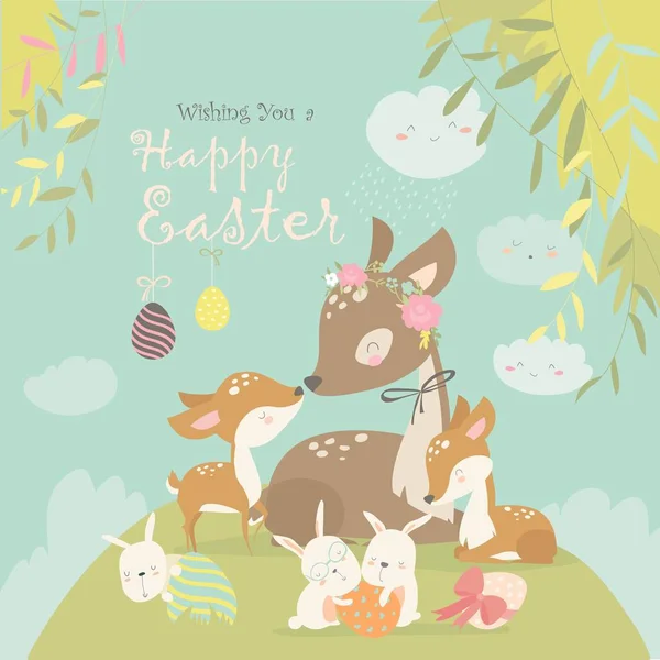 Cartoon Deer family with cute bunnies. Happy animals for Easter. — Stock Vector