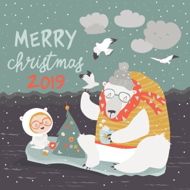 Sevimli kız ve kutup ayısı buzlar üzerinde oturan