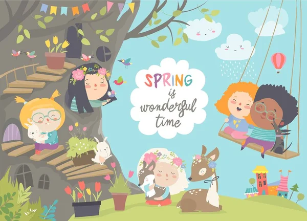 Lindos niños de dibujos animados con animales en el bosque de primavera — Vector de stock