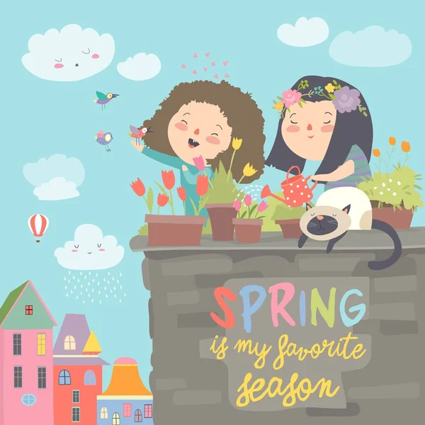 Nette Mädchen stehen auf einem Balkon, halten Gießkanne in der Hand und gießen Blumen in einem Topf — Stockvektor