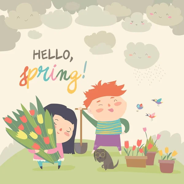 Lindo niño de dibujos animados y niña con flores de primavera — Vector de stock