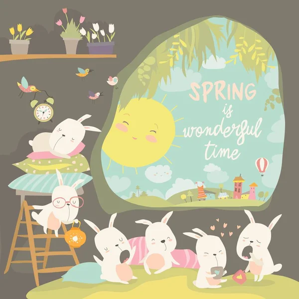Cute rabbits awaking in hole. Hello spring