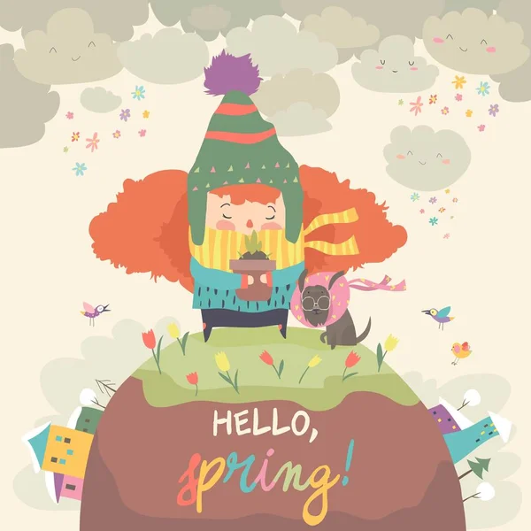 Jolie fille tenant pot avec fleur de printemps. Bonjour printemps — Image vectorielle