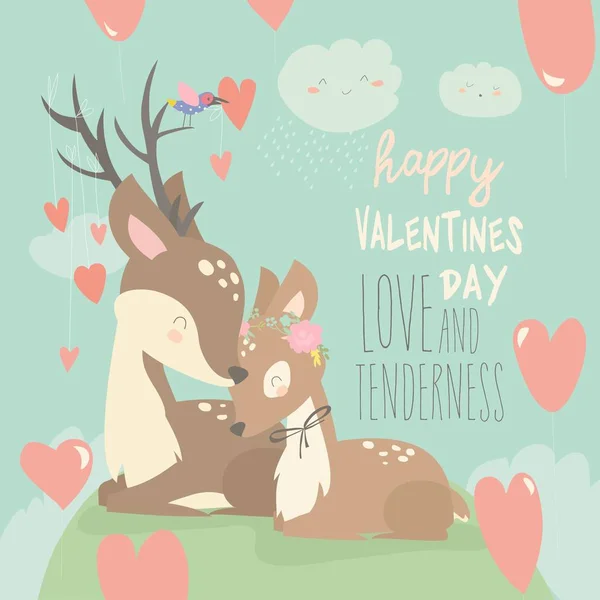 Pareja de ciervos de dibujos animados con globos de corazones. Feliz día de San Valentín — Vector de stock