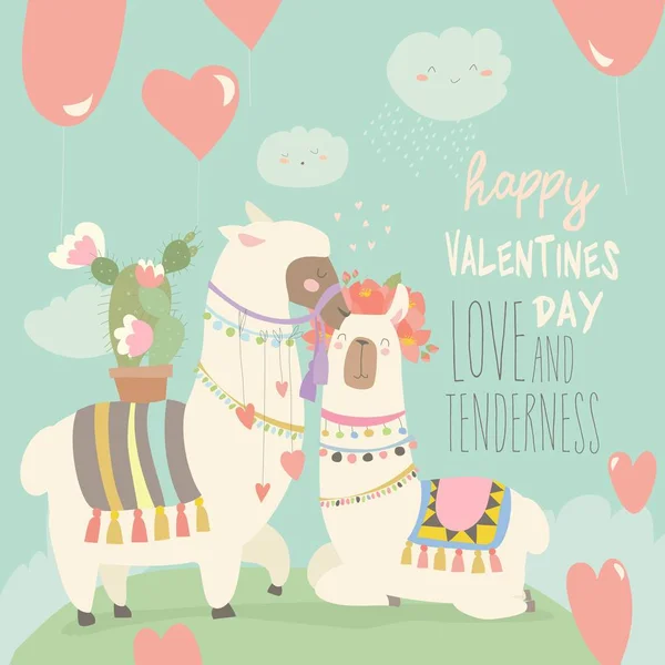 Caricatura mexicana blanca alpaca llamas pareja con corazones globos. Feliz día de San Valentín — Vector de stock