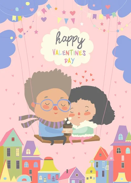 Two lovers sitting on swing.Happy Valentines Day — Stock Vector