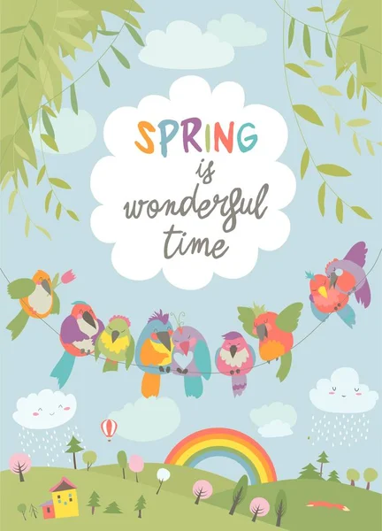 Desenhos animados bonitos pássaros coloridos e paisagem de primavera —  Vetores de Stock