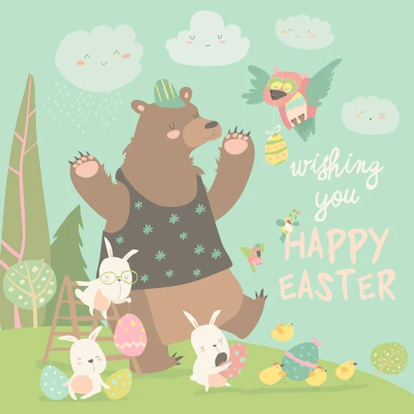 Orso carino e conigli felici che celebrano la Pasqua — Vettoriale Stock