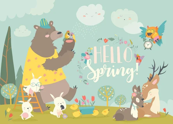 Cute animals meeting spring in the forest — Stock Vector