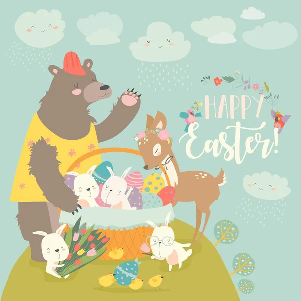 Carino orso, conigli felici e cervi che celebrano la Pasqua — Vettoriale Stock