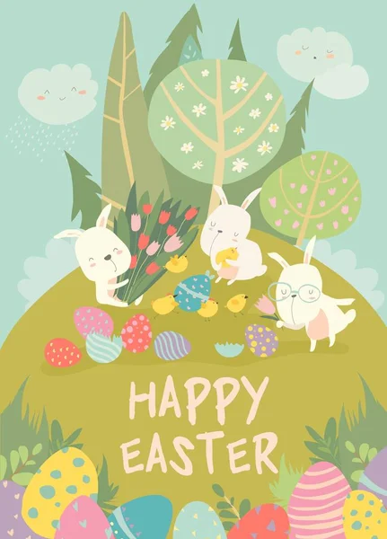 Милі пасхальні кролики та великодні яйця. Щасливі свята — стоковий вектор