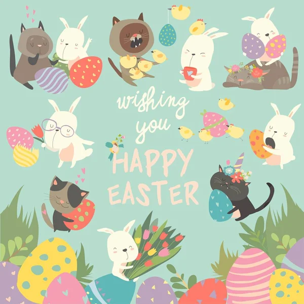 Paskalya tavşanı, yumurta, tavşan, çiçekler, kediler, piliç ile mavi arka plan üzerinde ayarlayın. vektör çizim — Stok Vektör