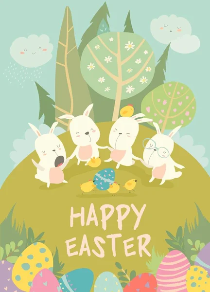 Милые пасхальные кролики и пасхальное яйцо. С праздником! — стоковый вектор