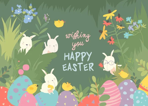 Mignons lapins de Pâques et oeuf de Pâques. Joyeuses fêtes — Image vectorielle