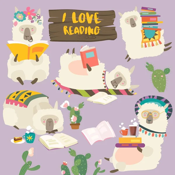 Divertidas llamas de dibujos animados alpaca leyendo libros. Conjunto de vectores — Vector de stock