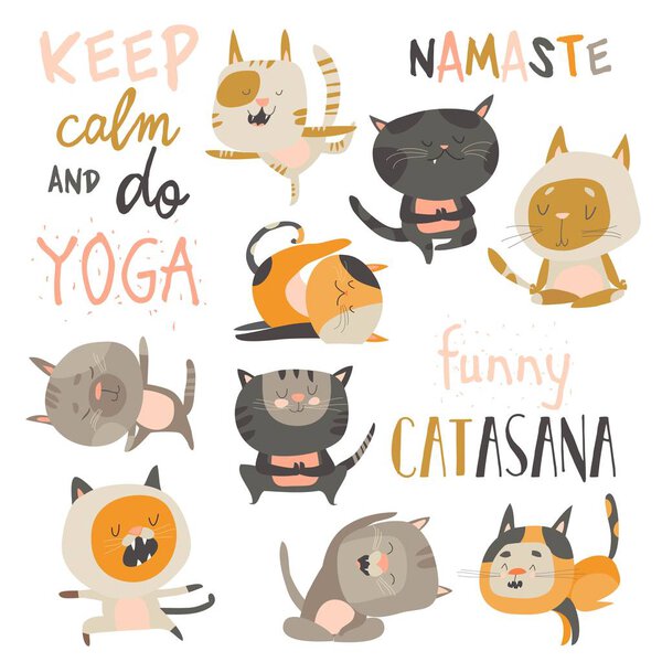 Набор милых котов в позах yoga asana Стоковая Иллюстрация