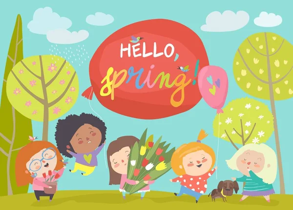 Cute little girls meeting spring in park — Stock Vector