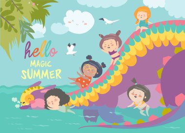 Yaz tatili waterpark adlı sevimli ejderha ile oynayan çocuklar